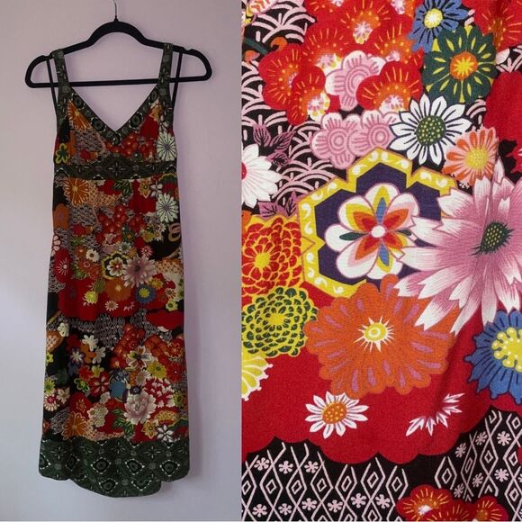 Lucky Brand Dress XS Red Japanese Floral Boho Print Halter Sundress Rayon - Picture 1 of 9